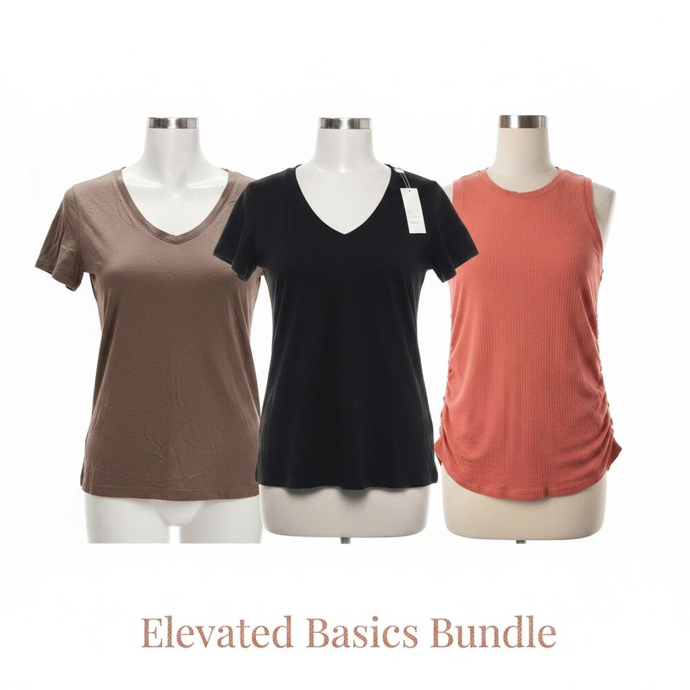 Pre Owned Cotton Tee Bundle Brown Crew Neck Black V Neck Coral Pink Tank